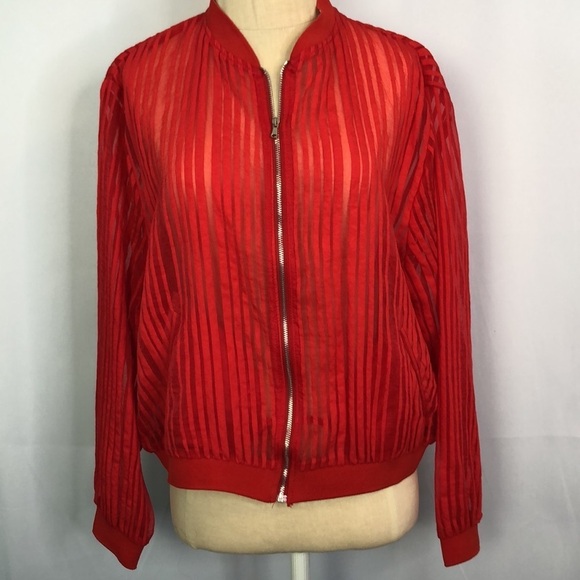 ZARA RED STRIPED ORGANZA BOMBER JACKET SIZE XS - Picture 6 of 12